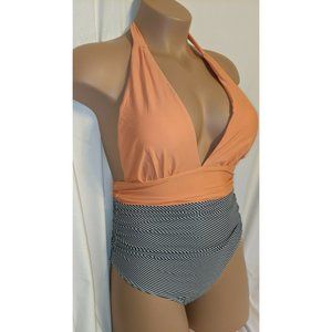 Women's CUPSHE Swimsuit Size LARGE Peach Black White Halter Ruched NEW NWT